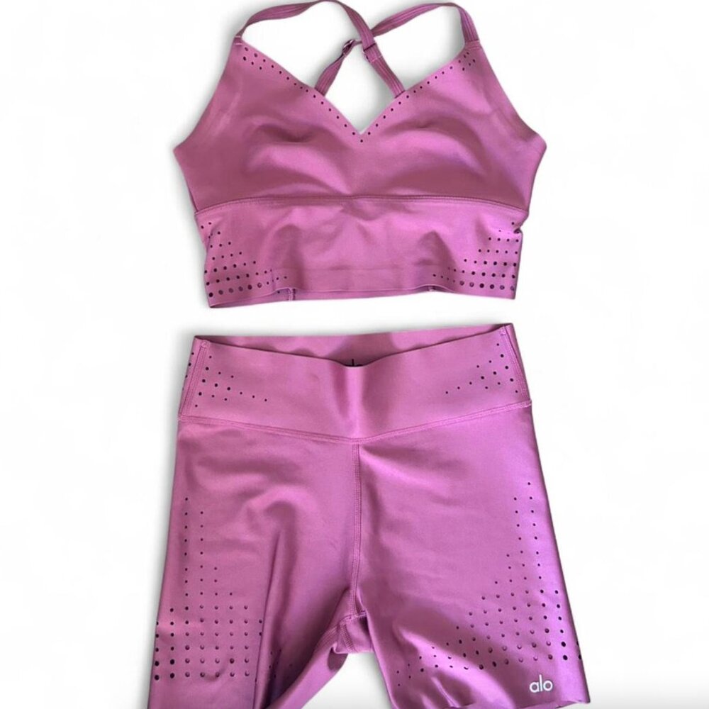 ALO Yoga Pink Perforated Sports Bra & High-Waist Bike Shorts Set